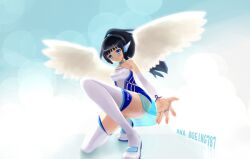  angel_wings black_hair blue_eyes boeing_787 commentary_request female flight_airplanes foreshortening kneeling long_hair mecha_musume outstretched_hand personification perspective ponytail smile solo tera_(teraura) thighhighs wings 