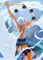  1boy abs bandana blonde_hair dragon earrings electricity enel fighting_stance glowing glowing_eyes highres jewelry male male_focus muscle one_piece pole skypiea solo topless weapon 