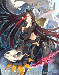  bare_shoulders black_hair black_thighhighs breasts cardfight!!_vanguard commentary_request crown female glasses glowing glowing_eyes heterochromia holding large_breasts long_hair masa_(masa-koba) nose_piercing nose_ring piercing pointy_ears silver_thorn_dragon_tamer_luquier solo thighhighs watermark whip 