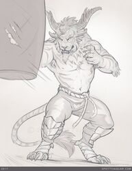  2018 charr claws clothed clothing exercise felid guild_wars horn male mammal monochrome muscular muscular_male navel punch punching_bag scar solo spottyjaguar standing teeth text topless 