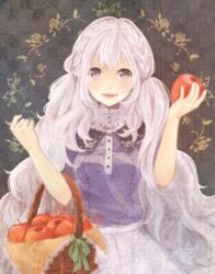  :d apple bad_id bad_pixiv_id basket commentary_request fangs female food fruit highres kei_(k_tmr) light_purple_hair long_hair open_mouth original purple_eyes smile solo very_long_hair 