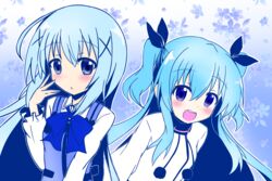  2girls absurdres bad_id bad_pixiv_id black_ribbon blue_eyes blue_hair blush bow comiket_87 commentary_request dress gochuumon_wa_usagi_desu_ka? hair_between_eyes hair_ornament hair_ribbon hairclip highres kafuu_chino long_hair looking_at_viewer minase_inori multiple_girls noel_(sora_no_method) open_mouth rabbit_house_uniform ribbon shirt skirt smile sora_no_method twintails two_side_up very_long_hair voice_actor_connection white_dress x_hair_ornament yasaka_(astray_l) 