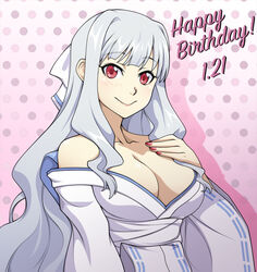  bare_shoulders bow breasts chuunioniika cleavage collarbone commentary cosplay female grey_hair hairbow happy_birthday hara_yumi idolmaster idolmaster_(classic) large_breasts long_hair nail_polish off_shoulder photoshop_(medium) red_eyes same_birthday senran_kagura shijou_takane smile solo voice_actor_connection white_hair yumi_(senran_kagura) yumi_(senran_kagura)_(cosplay) 