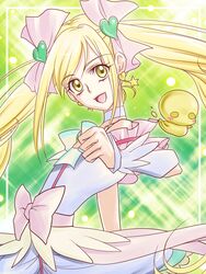  blonde_hair bow commentary_request cure_echo dress earrings female fuu-chan_(precure) hair_ornament hair_ribbon hairpin heart highres jewelry long_hair magical_girl precure precure_all_stars_new_stage:_mirai_no_tomodachi ribbon sakagami_ayumi say_(sakabin) smile solo twintails very_long_hair waist_bow yellow_eyes 