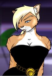  anthro avoid_posting blonde_hair blue_eyes breasts cleavage clothed clothing crowchild felid female fur ginger_(hth) hair hth_studios mammal orange_body orange_fur screencap solo 