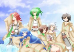  5girls ahoge aussa black_eyes black_hair blue_eyes blue_hair blush book bow brown_eyes brown_hair coat cuffs dharc duel_monster eria glasses gloves green_hair handcuff handcuffs hiita long_hair lyna multiple_girls pony-tail ponytail red_eyes red_hair short_hair shorts skirt wand white_eyes white_hair wynn yu-gi-oh! yuu-gi-ou_duel_monsters 