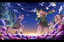  2girls anthro blonde_hair blue_eyes clouds creeper enderman flowers ghast hoodie long_hair minecraft nongqiling petals purple_eyes purple_hair skirt sky stars thighhighs tree villager_(minecraft) windmill 