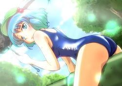  blue_eyes blue_hair cannon commentary_request female hair_bobbles hair_ornament hat kawashiro_nitori mukai one-piece_swimsuit ramrod school_swimsuit shiny_clothes short_hair slit_pupils solo swimsuit touhou two_side_up 