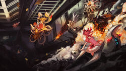  aikawa_ayumu aino_minako aircraft akemi_homura black_hair blonde_hair building card_captor_sakura charlotte_(mahou_shoujo_madoka_magica) crossover doomfest fire gloves kaname_madoka kinomoto_sakura kore_wa_zombie_desu_ka? long_hair mahou_shoujo_madoka_magica miki_sayaka pink_eyes pink_hair sailor_moon tsukino_usagi twintails 