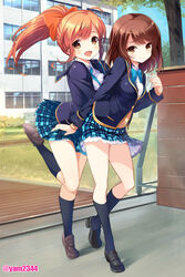  2girls :d blazer blue_skirt blush bow brown_eyes brown_hair buttons commentary_request day girlfriend_(kari) grass hair_ornament hairbow hairclip highres jacket leg_up loafers long_sleeves multiple_girls open_mouth outdoors path plaid plaid_skirt plant ponytail road sakurai_akane_(girlfriend) school_uniform shiina_kokomi shoes skirt skirt_flip smile standing standing_on_one_leg tree yamacchi 