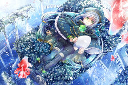  bad_id bad_pixiv_id blue_hair butterfly_hair_ornament cane capelet egg female fish flower green_eyes hair_ornament isu_(artist) lying pixiv_fantasia pixiv_fantasia_new_world shorts solo 