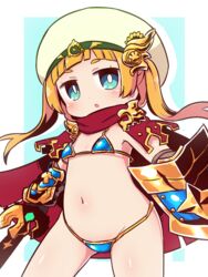  armor bikini_armor blonde_hair blue_eyes cape commentary_request female hat hero_(sekaiju) hero_4_(sekaiju) highres holding holding_shield holding_sword holding_weapon naga_u navel open_mouth red_cape sekaiju_no_meikyuu sekaiju_no_meikyuu_x shield short_hair solo standing sword weapon 