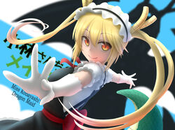  blonde_hair commentary copyright_name dragon dragon_girl dragon_horns dragon_tail elbow_gloves english_text fang_out female gloves hair_between_eyes horns kobayashi-san_chi_no_maidragon large_tail long_hair looking_at_viewer maid maid_headdress necktie oerba_yun_fang orange_eyes outstretched_arms red_necktie scales siraha slit_pupils smile solo spread_arms tail tohru_(dragon)_(maidragon) tohru_(maidragon) twintails white_gloves 