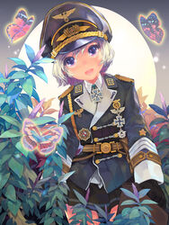  bad_id bad_pixiv_id bug butterfly cross female gloves hat highres iron_cross medal military military_uniform nazi original peaked_cap photoshop_(medium) purple_eyes serenade_(sinohi) short_hair silver_hair skirt solo swastika tears uniform 