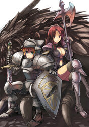  1boy absurdres armor blonde_hair blood blue_eyes breasts brown_eyes cleavage commentary_request corpse dragon fantasy female full_armor halberd highres knight large_breasts long_hair original pauldrons planted planted_sword polearm red_hair shield short_hair shoulder_armor sitting sword weapon yuugiri_(u-slash) 