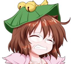  animal_ears bedman bell brown_hair closed_eyes collarbone commentary_request female futatsuiwa_mamizou glasses guilty_gear guilty_gear_xrd hat leaf oden_(th-inaba) open_mouth parody pince-nez raccoon_ears simple_background solo style_parody touhou upper_body white_background 