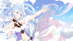  aqua_eyes aqua_hair bzerox choker feathers hatsune_miku long_hair navel signed twintails vocaloid wristwear 