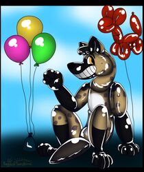  animate_inanimate anthro avoid_posting balloon hi_res hyena inflatable johnnyblanco latex living_balloon living_inflatable mammal pool_toy raysofsunshine savannahhyena smile solo spotted_hyena toony 