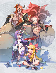  2boys 2girls ^_^ alcohol blonde_hair bob_cut bow chinese_commentary closed_eyes commentary_request crossover cup fangs fate/grand_order fate_(series) hairbow happy highres horn_ornament horn_ribbon horns ibuki_suika multiple_boys multiple_girls muscular muscular_male musou_orochi_2 name_connection navel oni onmyoji open_mouth photoshop_(medium) purple_eyes purple_hair red_hair ribbon sakazuki sake shuten_douji_(fate) shuten_douji_(first_ascension)_(fate) shuten_douji_(musou_orochi) shuten_douji_(onmyoji) sitting skin-covered_horns touhou xin_yu_hua_yin 