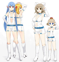  4girls amatsuka_hotaru amatsuka_mari amatsuka_rikka amatsuka_tsurara baby_princess blonde_hair blue_eyes blue_hair boots breasts brown_eyes brown_hair center_opening cleavage commentary_request crown detached_sleeves flat_chest hair_bobbles hair_ornament hair_ribbon high_heels knee_boots kusaka_souji long_hair medium_breasts multiple_girls navel red_eyes revealing_clothes ribbon shoes short_hair sideboob small_breasts standing twintails v 