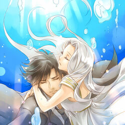  1boy air_bubble black_hair bubble commentary_request couple emiya_kiritsugu fate/zero fate_(series) female husband_and_wife irisviel_von_einzbern irisviel_von_einzbern_(angel&#039;s_song) long_hair momopanda straight underwater white_hair 