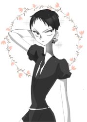  1other alternate_hair_length alternate_hairstyle androgynous bad_link black_eyes black_hair bort easty gem_uniform_(houseki_no_kuni) hand_on_own_neck houseki_no_kuni necktie other_focus short_hair solo spoilers white_background 