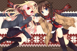  2girls black_hair blonde_hair blue_eyes earmuffs kantai_collection kneehighs long_hair red_eyes scarf seifuku shigure_(kancolle) skirt suzushiro_kurumi yuudachi_(kancolle) 