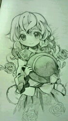  bad_id bad_pixiv_id chaba_(hortensia) female flower graphite_(medium) green_flower green_rose green_theme hat holding holding_clothes holding_hat komeiji_koishi monochrome plant rose smile solo thorns touhou traditional_media unworn_hat unworn_headwear vines wavy_hair 