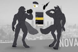  2018 anonym0use anthro black_body black_fur canid canine canis claws digital_media_(artwork) english_text eyewear fluffy fluffy_tail fur glasses hi_res looking_at_viewer male mammal model_sheet muscular muscular_anthro muscular_male nipples nova_(anonym0use) open_mouth rowrow simple_background smile solo standing tail tankh text tongue wolf yellow_eyes 