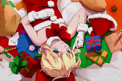  blonde_hair christmas fate/stay_night gloves green_eyes hat magicians saber santa_costume santa_hat 