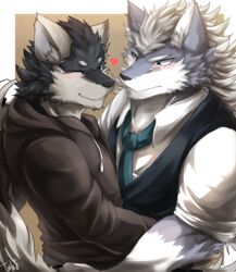  anthro brush canid canine canis clothed clothing countershading digital_media_(artwork) duo fur hi_res hug kuugo_(lagoon_lounge) lagoon_lounge looking_at_viewer love male mammal muscular muscular_male pecs sousuke_inami tach8 wolf 