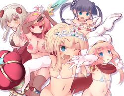  5girls ahoge benerokku bikini black_bikini black_gloves black_legwear blonde_hair blue_eyes breasts cape closed_mouth commentary elbow_gloves fingerless_gloves flat_chest gloves green_eyes grey_hair hat hero_(sekaiju) hero_2_(sekaiju) hero_4_(sekaiju) highlander_(sekaiju_2) highlander_2_(sekaiju_2) holding holding_staff holding_sword holding_weapon large_breasts long_hair medium_breasts micro_bikini monk_(sekaiju) monk_2_(sekaiju) multiple_girls navel oerba_yun_fang one_eye_closed open_mouth outstretched_arms pink_hair princess_(sekaiju) princess_2_(sekaiju) red_bikini red_cape red_eyes sekaiju_no_meikyuu sekaiju_no_meikyuu_x short_hair simple_background smile spread_arms staff swimsuit sword tiara twintails v weapon white_background white_gloves white_legwear yellow_eyes 