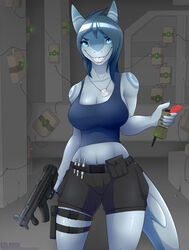  anthro better_version_at_source blue_eyes bottomwear breasts c4 cleavage clothed clothing colarix crop_top detonator dog_tags explosives female fish gun hair hi_res holding_object inside marine midriff mp5k nanja navel ranged_weapon shark sharp_teeth shirt shorts smile solo teeth topwear weapon 