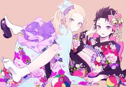  2boys 50yen_(gojiue) all_fours bad_id bad_pixiv_id bell black_hair blonde_hair bow crossdressing el_shaddai enoch floral_print flower hair_bell hair_flower hair_ornament hairbow japanese_clothes jingle_bell kimono lolita_fashion long_hair lucifel_(el_shaddai) lying multiple_boys obi obiage obijime on_back open_mouth orange_eyes otoko_no_ko red_eyes sandals sash shoe_dangle shoes short_hair single_shoe smile tabi wa_lolita yagasuri 