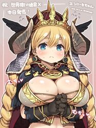  artist_name blonde_hair blue_eyes braid breasts cape cleavage closed_mouth commentary_request dated earrings enrica_(sekaiju) female frown gloves hat jewelry large_breasts long_hair own_hands_together red_cape sekaiju_no_meikyuu sekaiju_no_meikyuu_x shigatake solo sweat twin_braids upper_body 