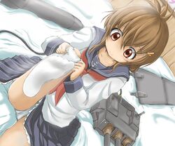  brown_hair commentary_request feet female folded_ponytail hair_ornament hairclip inazuma_(kancolle) kantai_collection machinery neckerchief panties pantyshot red_eyes school_uniform serafuku sitting skirt socks solo torpedo tsurupeta_(pikapika45) underwear white_panties white_socks 