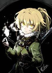  artist_name belt black_background blonde_hair coat commentary_request eyelashes female fur_trim gloves glowing glowing_eyes goggles goggles_around_neck highres lips long_sleeves looking_at_viewer okara ponytail solo tanya_degurechaff weapon yellow_eyes youjo_senki zipper 