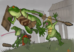  ambiguous_gender amphibian anthro armor frog frogs grass group headdress jumping long_tongue male mayan melee_weapon pachycrocuta_(artist) plant polearm spear tongue trio weapon wicker_shield 