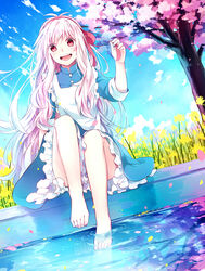  apron barefoot blue_dress blue_sky buttons cherry_blossoms cloud collared_dress commentary_request day dress female flower frilled_apron frilled_dress frills full_body grass hair_ribbon hairband happy hoshiyui_tsukino kagerou_project kozakura_marry long_hair looking_at_viewer mekakucity_actors nature open_mouth outdoors petals pink_hairband pink_ribbon red_eyes reflection ribbon sky sleeves_past_elbows solo toenails tree very_long_hair wading water white_apron white_hair yellow_flower 