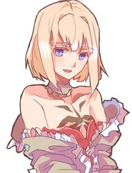  bad_id bad_pixiv_id bare_shoulders blonde_hair blue_eyes choker command_spell fate/prototype fate_(series) female lanlanlu_(809930257) looking_at_viewer off_shoulder sajou_manaka short_hair smile solo tattoo 