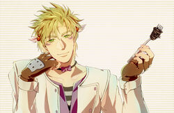  1boy bad_id bad_pixiv_id battle_tendency black_spaghetti blonde_hair bow bowtie caesar_anthonio_zeppeli facial_mark fingerless_gloves food fork gloves jojo_no_kimyou_na_bouken looking_at_viewer male_focus pasta solo spaghetti uo_(687413) 