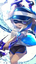  ;d arm_up asymmetrical_hair bad_id bad_twitter_id black_shorts blue_eyes blue_hair clothes_writing commentary_request dapple_dualies_(splatoon) dolphin_shorts dual_wielding fangs female finger_on_trigger gun highres holding holding_gun holding_weapon inkling inkling_(language) inkling_girl inkling_player_character kashu_(hizake) leg_up lens_flare light_rays long_hair looking_at_viewer one_eye_closed open_mouth outstretched_arm pointy_ears shirt short_shorts short_sleeves shorts simple_background smile solo splatoon_(series) splatoon_2 standing t-shirt tentacle_hair thighs visor_cap water weapon white_background white_shirt 