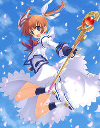  :d bare_legs blue_sky brown_hair cloud commentary_request day female fingerless_gloves full_body gloves holding holding_staff left-handed looking_back lyrical_nanoha magical_girl mahou_shoujo_lyrical_nanoha open_mouth petals purple_eyes raising_heart raising_heart_(accel_mode) sky smile solo staff takamachi_nanoha takamachi_nanoha_(sacred_mode) twintails yashiro_seika 