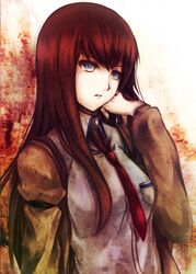  blue_eyes brown_hair cofi_(eternal) commentary_request dark_red_hair female hand_in_own_hair long_hair makise_kurisu necktie red_hair solo steins;gate upper_body 