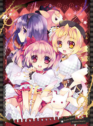  3girls akemi_homura akemi_homura_(magical_girl) bad_id bad_pixiv_id blonde_hair charlotte_(madoka_magica) drill_hair fingerless_gloves gloves hairband hat kaname_madoka kaname_madoka_(magical_girl) kyuubee long_hair magical_girl mahou_shoujo_madoka_magica mahou_shoujo_madoka_magica_(anime) multiple_girls nail_polish photoshop_(medium) pink_eyes pink_hair purple_eyes purple_hair sana.c smile tomoe_mami tomoe_mami_(magical_girl) twintails yellow_eyes 