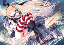  blonde_hair elbow_gloves headband kantai_collection leung_ka_che long_hair oerba_yun_fang panties seifuku shimakaze_(kancolle) skirt thighhighs underwear water 