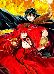  1boy armor black_hair breasts cape cleavage commentary_request crossover demon_boy demon_girl demon_horns dress eating fake_horns female food french_fries hataraku_maou-sama! highres horns large_breasts long_hair maou_(maoyuu) maou_sadao maoyuu_maou_yuusha name_connection pants pauldrons photoshop_(medium) potato red_eyes red_hair shoulder_armor smile species_connection trait_connection tsuna2727 