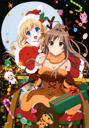  &gt;:( 2girls :d absurdres amagi_brilliant_park animal_costume animal_ears antenna_hair antlers artist_request blonde_hair blue_eyes body_blush bonta-kun box breasts brown_eyes brown_hair brown_legwear candy candy_cane city cleavage food frown full_metal_panic gift gift_box hat heart highres horns large_breasts latifa_fleuranza long_hair macaron_(amaburi) magazine_scan moffle multiple_girls night non-web_source nyantype official_art open_mouth polka_dot reindeer_antlers reindeer_costume santa_costume santa_hat scan sento_isuzu sky smile thighhighs tiramii v-shaped_eyebrows 