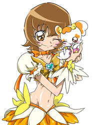  anime_coloring brooch brown_eyes brown_hair choker commentary_request cosplay creature cure_sunshine cure_sunshine_(cosplay) dress female heart heart_brooch heartcatch_precure! jewelry magical_girl midriff myoudouin_itsuki navel official_style photoshop_(medium) potpourri_(heartcatch_precure!) precure ribbon self_cosplay short_hair sinko_(sinsin) solo wrist_cuffs 