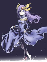  black_pantyhose blue_eyes bracer dress female frilled_dress frills genderswap_(mtf) headpiece high_heels horns ishiyumi loki_(p&amp;d) long_hair long_sleeves pantyhose purple_dress purple_hair puzzle_&amp;_dragons rule_63 skirt_hold sleeves_past_wrists smile solo walking 